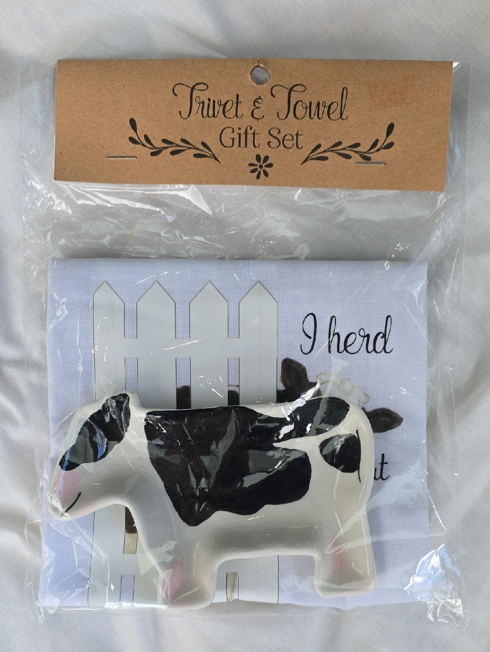 Spoon Trivet & Towel Gift Set - White & Black Cow Design
